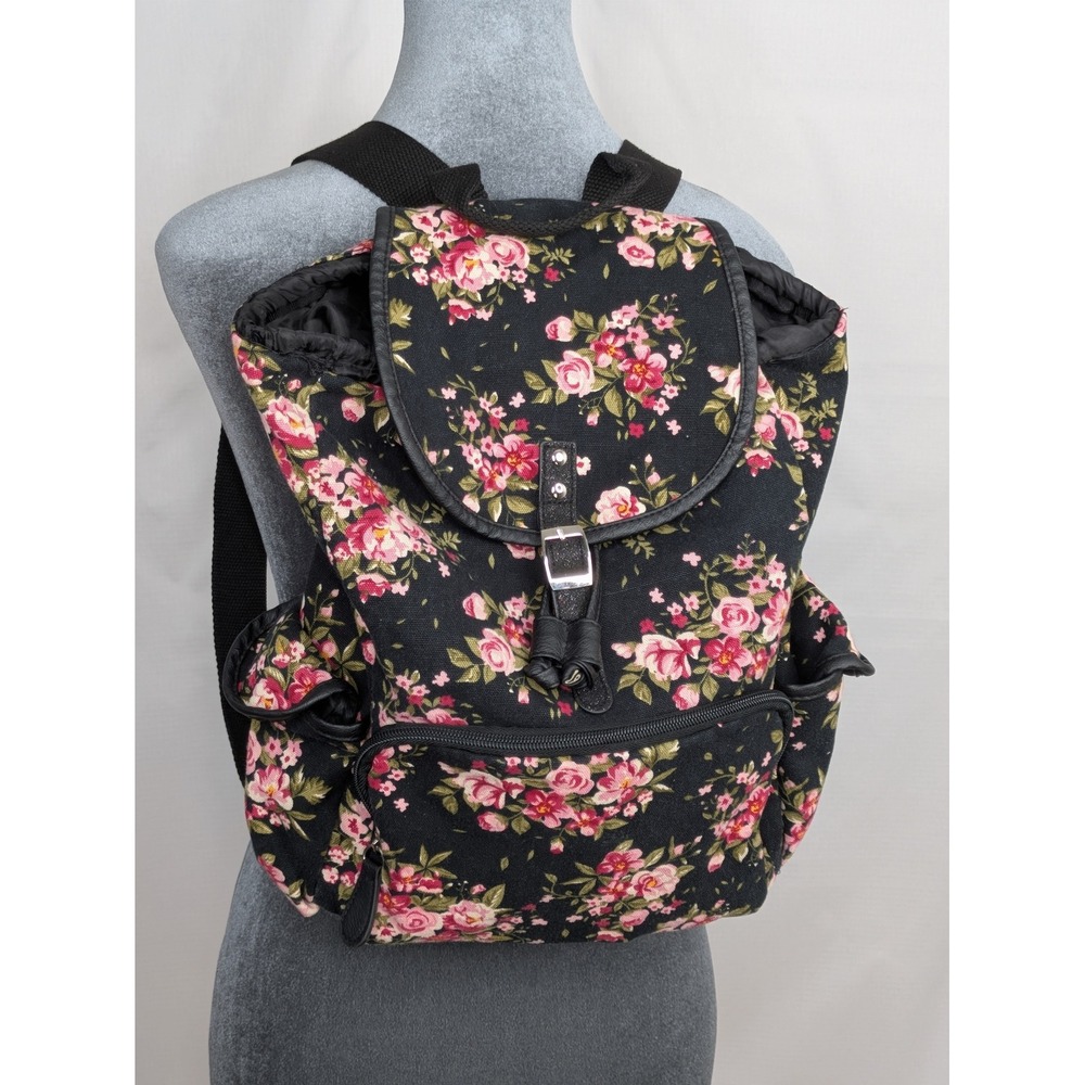 Boston Floral Backpack Black Pink Rose Drawstring Flap Canvas 14x11 Cottagecore